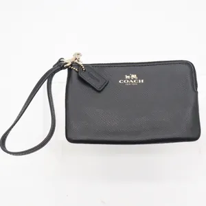 Coach Corner Zip Wristlet Black Crossgrain Leather Gold Logo thumbnail 2