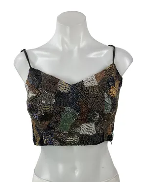 Women's Black Beaded Patchwork Mesh Sleeveless V Neck Cami Tank Crop Top Size S thumbnail 1