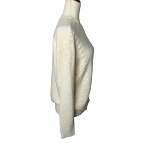 LOFT Women’s Medium Ivory Cream Textured Knit Crewneck Sweater Cozy Classic thumbnail 2