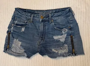 American Eagle Super Hi-Rise Shortie Denim Shorts Distressed High Waisted Size 6 thumbnail 1