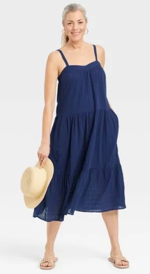 Knox Rose Dress Small Coastal Sleeveless A Line Adj. Straps Cotton Navy Blue NWT thumbnail 1