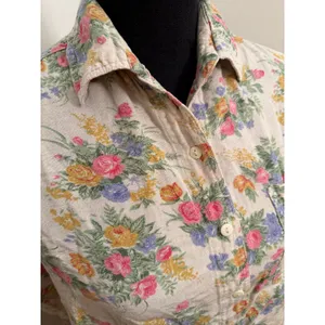 Vintage Rosettes Floral Linen Blend Top Cottage Button Up Short Sleeve Blouse thumbnail 3