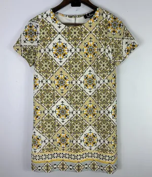Lulus‎ Dress XS Yellow Ivory Baroque Tile Print Mod Shift Mini Resort Travel thumbnail 1