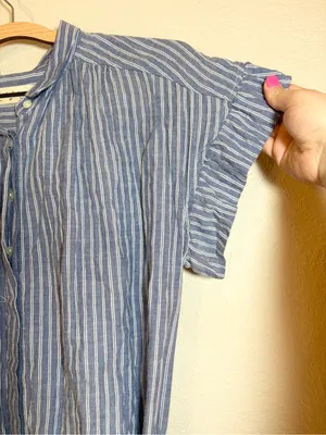 Anthropologie Isabella Sinclair Piper Blue White Stripe Ruffle Sleeve Dress Sz M thumbnail 8