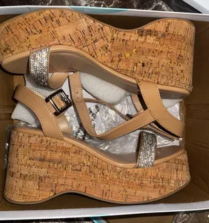 Elegant Tan Wedge Sandals with Rhinestone Accents *NEW. NEVER WORN* thumbnail 1