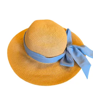 Haute Hippie Tan Straw Sun Hat‎ Blue Chiffon Ribbon Bow UPF 50 Wide Brim thumbnail 3