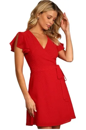 Lulus Much to Celebrate Red Swiss Dot Wrap Dress Large thumbnail 1