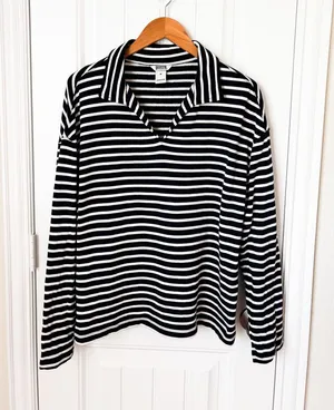 Duluth Trading Co Canal Park Terry Collared Long Sleeve Navy White Medium thumbnail 1