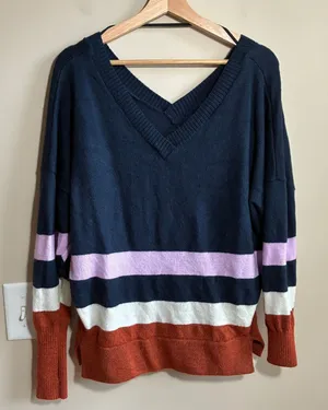 prAna Striped V-Neck Colorblock Sweater Medium Navy Rust Womens Relaxed Knit thumbnail 1