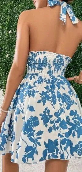SheIn floral halter shirred waist A-line blue dress womens Size Large thumbnail 2