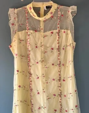 Angela Womens 1X Yellow Embroidered Floral Mesh Overlay A Line Dress Ruffle Cap thumbnail 1