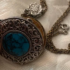 Vtg Max Factor Necklace Solid Perfume Locket Silver Turquoise Stone Hypnotique Blue thumbnail 1