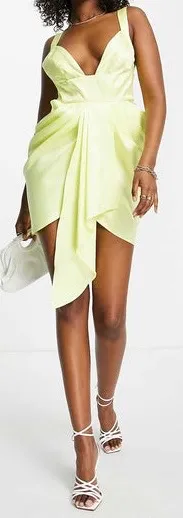 Asos Luxe viral Structured yellow Drape Satin Plunge Mini Dress size US 8 /UK 12 thumbnail 6