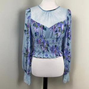 Free People Daphne Sliver Blue Floral Boho Smocked Lace Blouse Medium NWT $128 thumbnail 3