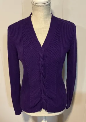 Lauren Ralph Lauren Deep Purple Cable V-Neck Sweater thumbnail 1