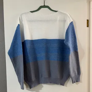 Stylish Women's Colorblock Sweater - Blue, Gray, and White thumbnail 2