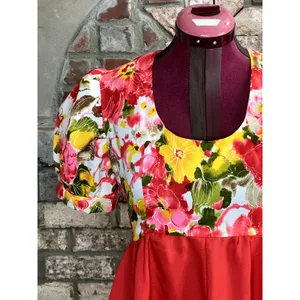 maxi Dress empire waist puff sleeve floral red yellow green 1970s thumbnail 8