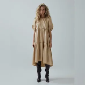 ZARA Asymmetric Puff Sleeve Tiered Cotton Poplin Midi Dress‎ in Camel Size XS thumbnail 2