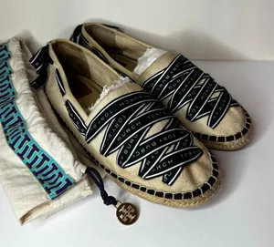 Tory Burch Ribbon Logo Grosgrain Espadrilles Flats cream canvas black ribbon 9 thumbnail 1
