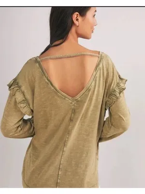 Anthropologie Pilcro Top Womens Sz M Ruffled Open Back Moss Cotton Long Sleeves thumbnail 5