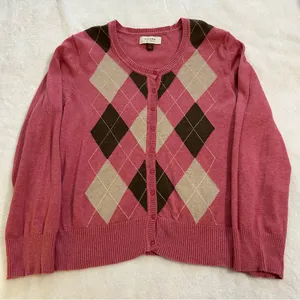 Sonoma Pink and Brown Argyle Cardigan Sweater thumbnail 1