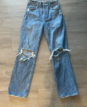 Abercrombie & Fitch Blue Distressed Straight Leg Jeans thumbnail 1