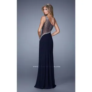 La Femme One Shoulder Sheer Rhinestone Formal Maxi Dress in Navy Blue Size 0 thumbnail 10