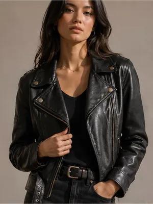 VINTAGE SARAH Black Leather Moto Jacket Size L thumbnail 1