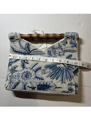 Beaded Floral Pink & White Handbag with Bamboo Handle India handmade NWT thumbnail 6