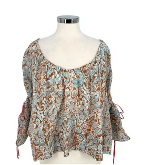 By Anthropologie Boho Peasant Floral Shirred Blouse Brown Blue Size Large thumbnail 1