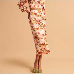 Abercrombie‎ & Fitch Womens Floral Ruched Satin Side Slit Midi Skirt Orange thumbnail 5