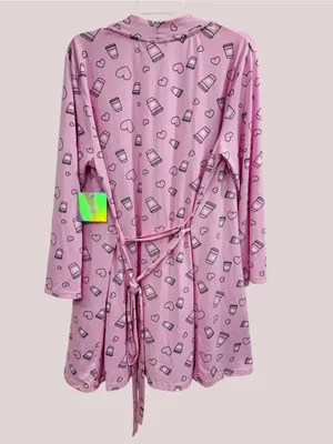 French Affair Coffee Lover Pink 3-Piece Pajama Lounge Set Robe Cami Shorts XL thumbnail 5