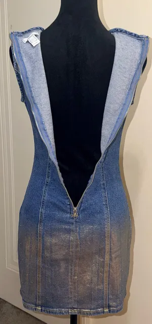 Forever 21 Metallic Gold Ombre Foil Sleeveless Denim Mini Dress - Size XS - NWOT thumbnail 7