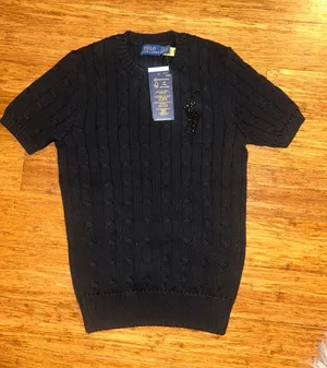 Polo Ralph Lauren Short Sleeve Cable Knit Sweater Beaded Big Pony Logo Black XS thumbnail 1