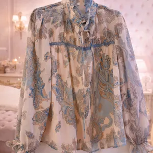 Lg Sheer Paisley Tie-Neck Blouse in Cream and Blue thumbnail 1