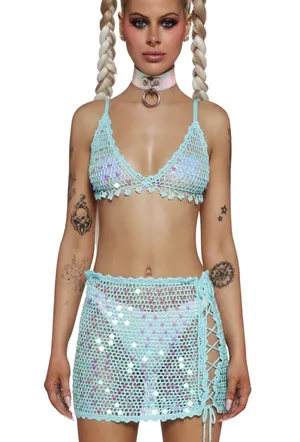Dolls Kill Aquatic Aura Crochet Bra top and Mini skirt set size XS thumbnail 1