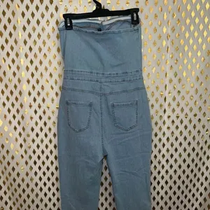 Blashe Denim jumpsuit romper broken zipper tube top skinny jeans size L thumbnail 6