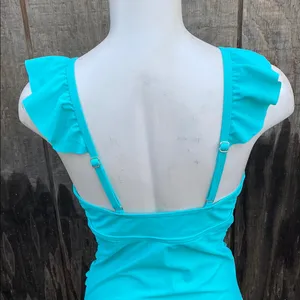 Turquoise Plunge Ruffle Trim Ruched Tummy One Piece Swimsuit Size M thumbnail 8