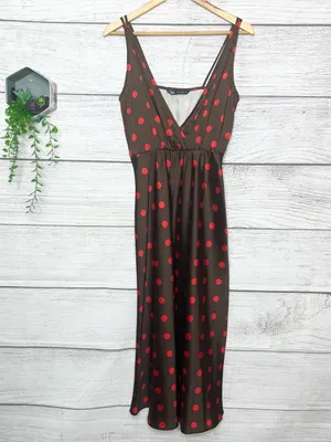 ZARA Brown & Red Polka Dot Sleeveless Midi Slinky Satin Slip Dress Size Small thumbnail 13