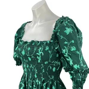 Hill House Nesli Green Botanical Smocked Tiered Midi Nap Flare A-Line Dress XXS thumbnail 3