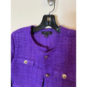 Ann Taylor Purple Tweed Cropped Jacket Gold Crest Button Front Petite 4P thumbnail 2