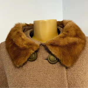 Vintage Double Breasted Wool Coat Real Fur Collar Camel Tan Textured 60s Retro‎ thumbnail 3