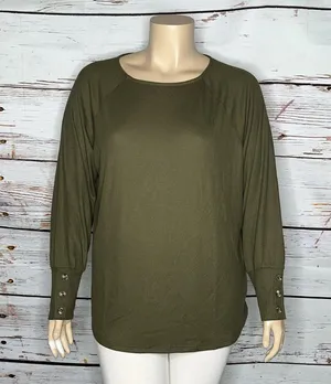 Belle by Kim Gravel NWT Sz XL Olive Green Raglan Sleeve Thermal Waffle Knit Top thumbnail 1