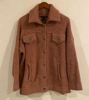 Tahari Sherpa Fuzzy Brown Copper Button Shacket Size 1X thumbnail 1
