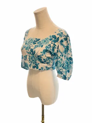 Band of the Free Blue Floral Cropped Smocked Back Puff Sleeve Top Size Small thumbnail 2
