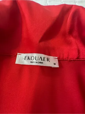 Ekouaer Bedtime Stories Red Satin Short-Sleeve Pajama Set with White Piping in Size M thumbnail 6