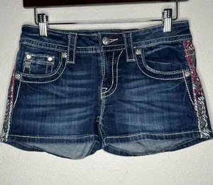 Miss Me Pink Embroidered Denim Low Rise Mini Shorts Size 27 Y2K thumbnail 1