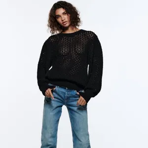 Zara textured open‎ knit chunky sweater crewneck balloon sleeves black size M thumbnail 3