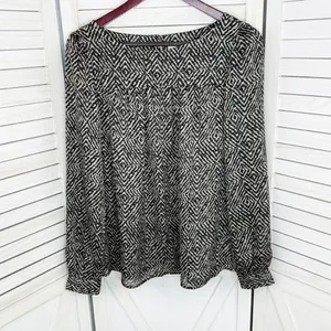 Ann‎ Taylor Loft Printed Pullover Blouse Cream Black Medium Long Sleeve thumbnail 7