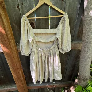 Mable Linen Blend Beige Londyn 3/4 Puff Sleeve Open Back Mini Dress Small thumbnail 7